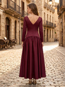 Satin V Neck A Line Long Sleeves Long Formal Dresses Wedding Guest Maxi Dresses