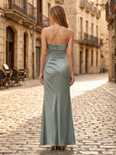 Strapless Satin Sheath Long Formal Dresses Wedding Guest Sleeveless Maxi Dresses