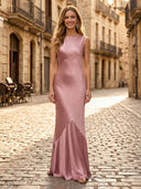 Satin Boat Neck Sheath Sleeveless Long Formal Dresses