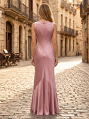 Satin Boat Neck Sheath Sleeveless Long Formal Dresses