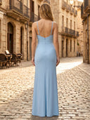 Satin Spaghetti Straps Sheath Sleeveless Long Formal Dresses