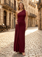 Satin One Shoulder Sheath Sleeveless Long Formal Dresses