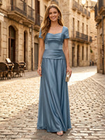 Satin Square Neck A Line Short Sleeves Long Formal Dresses