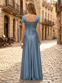 Satin Square Neck A Line Short Sleeves Long Formal Dresses