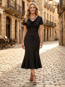 Satin V Neck Mermaid Short Sleeves Long Formal Dresses