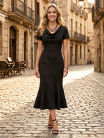Satin V Neck Mermaid Short Sleeves Long Formal Dresses