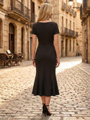 Satin V Neck Mermaid Short Sleeves Long Formal Dresses