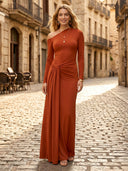 Satin One Shoulder Sheath Long Sleeves Long Formal Dresses Wedding Guest Maxi Dresses