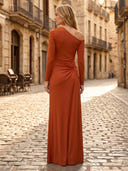 Satin One Shoulder Sheath Long Sleeves Long Formal Dresses