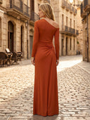 Satin One Shoulder Sheath Long Sleeves Long Formal Dresses Wedding Guest Maxi Dresses