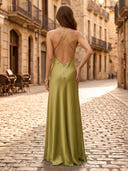 A Line Satin Cowl Neck Sleeveless Long Formal Dresses
