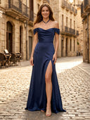 A Line Satin Off the Shoulder Sleeveless Long Formal Dresses