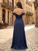 A Line Satin Off the Shoulder Sleeveless Long Formal Dresses