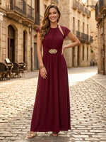 A Line Halter Short Sleeves Chiffon Long Formal Dresses