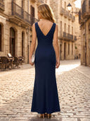 Satin Mermaid V Neck Sleeveless Long Formal Dresses