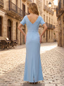 Satin Sheath Boat Neck Short Sleeves Long Formal Dresses