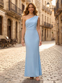 Sheath Satin One Shoulder Sleeveless Long Formal Dresses