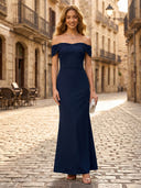 Sheath Satin Off the Shoulder Sleeveless Long Formal Dresses