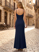 Satin Sheath Spaghetti Straps Sleeveless Long Formal Dresses