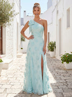Tulle One Shoulder A Line Long Formal Dresses with Slit