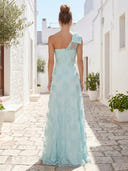 Tulle One Shoulder A Line Long Formal Dresses with Slit