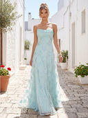 Tulle Crew Neck A Line Long Formal Dresses with Lace