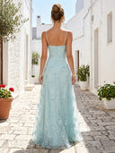 Tulle Crew Neck A Line Long Formal Dresses with Lace