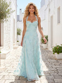 Tulle Halter A Line Long Formal Dresses with Lace