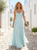 Tulle Halter A Line Long Formal Dresses with Lace