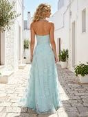 Tulle Halter A Line Long Formal Dresses with Lace