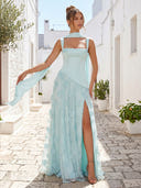 Tulle Square Neck A Line Long Formal Dresses with Slit