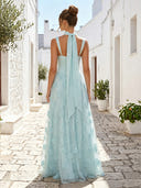 Tulle Square Neck A Line Long Formal Dresses with Slit
