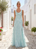 Tulle Cowl Neck A Line Long Formal Dresses with Slit