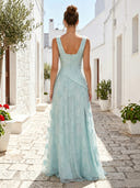 Tulle Cowl Neck A Line Long Formal Dresses with Slit