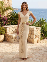 Satin V Neck Mermaid Long Formal Dresses with Flower