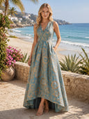 Jacquard A Line V Neck Sleeveless Long Formal Dresses with Pockets