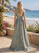 Jacquard A Line V Neck Sleeveless Long Formal Dresses with Pockets