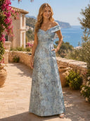 Jacquard A Line Off Shoulder Long Formal Dresses with Pockets