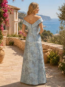 Jacquard A Line Off Shoulder Long Formal Dresses with Pockets