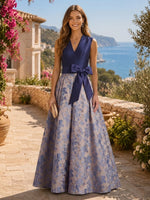 Jacquard A Line V Neck Long Formal Dresses with Bow
