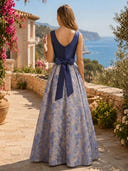 Jacquard A Line V Neck Long Formal Dresses with Bow