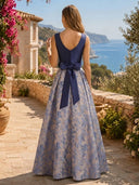 Jacquard A Line V Neck Long Formal Dresses with Bow Wedding Guest Maxi Dresses