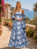 Jacquard A Line Strapless Long Formal Dresses with Cape