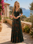 Velvet A Line V Neck Short Sleeves Long Formal Dresses