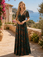 Velvet A Line V Neck Short Sleeves Long Formal Dresses