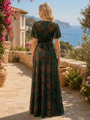 Velvet A Line V Neck Short Sleeves Long Formal Dresses