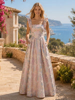 Jacquard A Line Square Neck Spaghetti Straps Long Formal Dresses with Pockets
