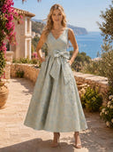 Jacquard A Line V Neck Sleeveless Long Formal Dresses with Pockets