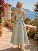 Jacquard A Line V Neck Long Formal Dresses with Pockets Wedding Guest Sleeveless Maxi Dresses