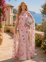 Tulle Mermaid Lace Appliques Long Formal Dresses with Flowers